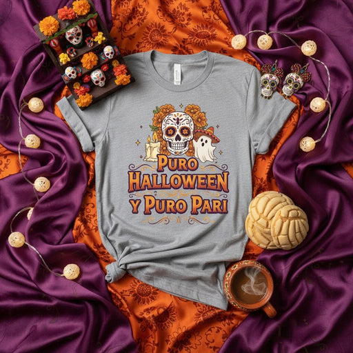 Puro Halloween Y Puro Pari Sugar Skull Ghost Day of the Dead Shirt, Unisex Latino Spooky Season Fiesta T-Shirt, Fall Holiday Party Tee Mexicada
