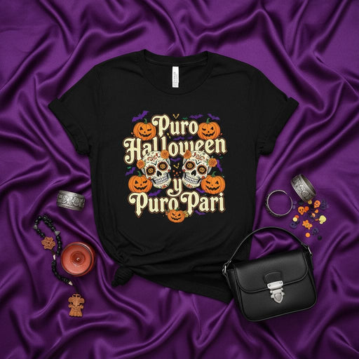 Puro Halloween y Puro Pari Sugar Skull T-Shirt, Spooky Day of the Dead Shirt, Funny Halloween Fiesta Tee, Calavera Pumpkin Bats Shirt, Unisex Graphic Tee Gift Mexicada