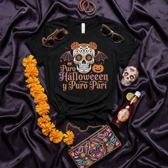 Puro Halloween y Puro Pāri T-Shirt, Sugar Skull Día de Muertos Halloween Party Shirt, Calavera with Bat Wings and Marigolds Unisex Tee Mexicada
