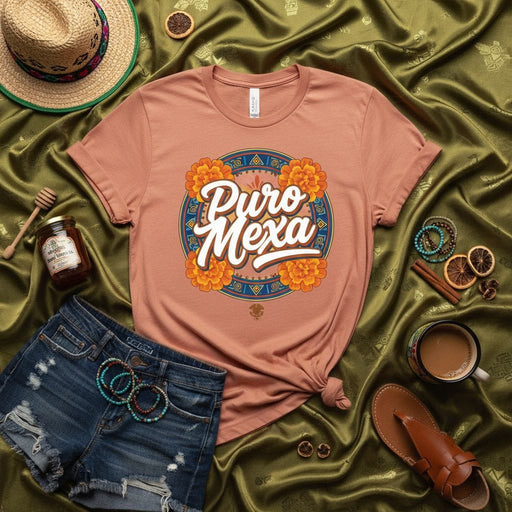 Puro Mexa T-Shirt with Marigold Flowers and Mexican Folk Art Design, Unisex Graphic Tee, Short Sleeve, Casual Wear Mexicada