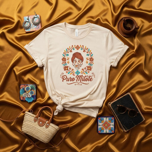 Puro Mitote T-Shirt, Mexicana Girl Sugar Skull Floral Wreath Graphic Tee, Cute Latinx Dia de Muertos Gift, Unisex Spanish Saying T-shirt Mexicada