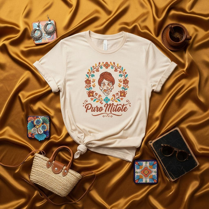 Puro Mitote T-Shirt, Mexicana Girl Sugar Skull Floral Wreath Graphic Tee, Cute Latinx Dia de Muertos Gift, Unisex Spanish Saying T-shirt Mexicada