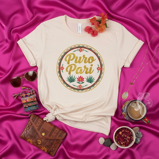 Puro Pari Glitter Gold T-Shirt, Mexican Fiesta Shirt, Cute Women's Unisex Tee, Hispanic Heritage Clothing, Dia de Muertos, Sugar Skull Style Top, Latina Gift, Floral Design Shirt Mexicada