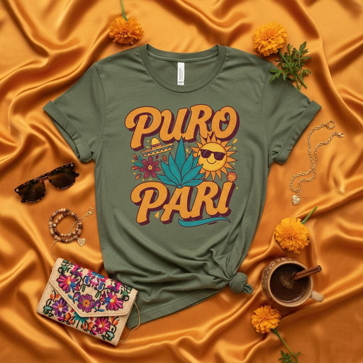 Puro Pari T-Shirt: Fiesta Mexican Shirt, Cinco de Mayo, Funny Summer Party Tee, Agave Sun Flower Graphic Top, Retro Spanish Unisex Clothing Gift Mexicada