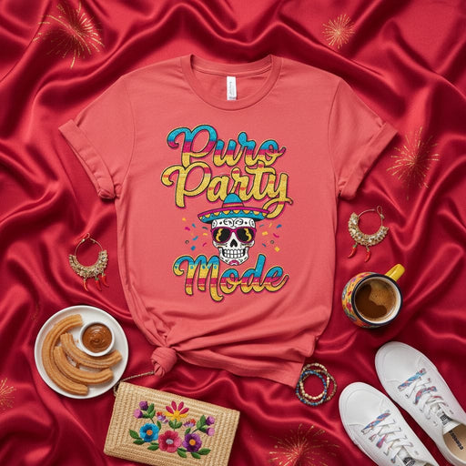 Puro Party Mode T-Shirt, Colorful Sugar Skull Tee with Sombrero, Unisex Fiesta Celebration Shirt, Vibrant Mexican Holiday Graphic Design Top Mexicada