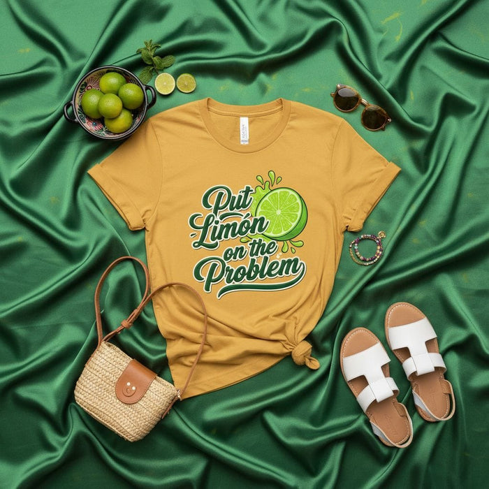 Put Limón on the Problem Unisex T-Shirt, Lime Citrus Graphic Tee, Funny Spanish English Quote Shirt, Summer Vacation Beach Apparel for Men and Women, Mustard Yellow Green Design Top Mexicada