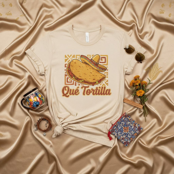 Qué Tortilla T-Shirt, Funny Taco Shirt with Sombrero and Retro Design, Unisex Food Pun Tee, Cinco de Mayo Apparel, Mexican Street Food Style Top Mexicada