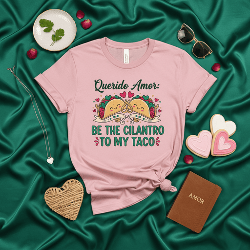 Querido Amor: Be The Cilantro To My Taco T-Shirt, Funny Cute Romantic Taco Love Shirt, Valentine's Day Mexican Food Pun Tee, Cinco De Mayo Gift, Unisex Pink Shirt with Hearts Design Mexicada