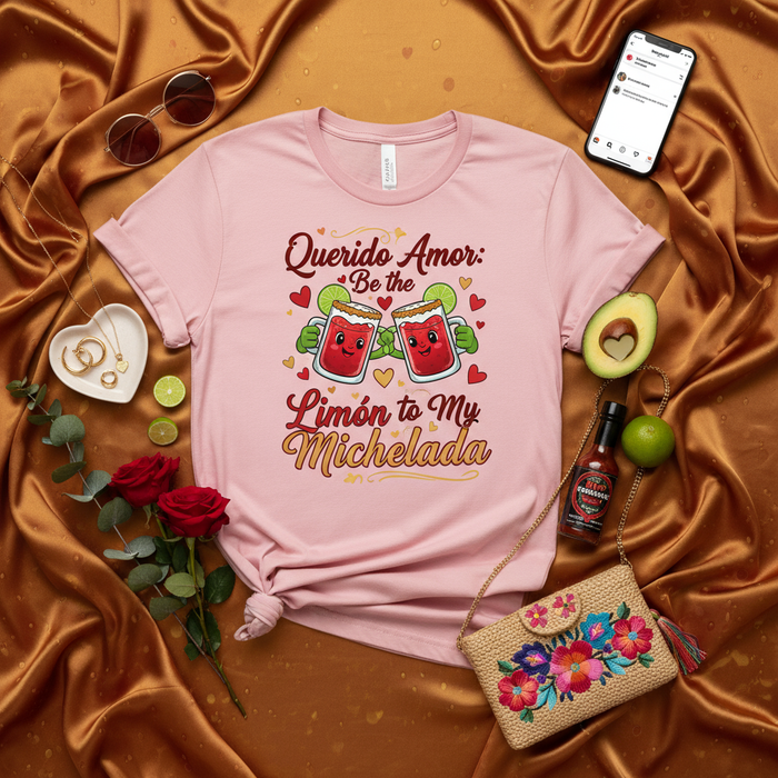 Querido Amor: Be the Limón to My Michelada T-Shirt, Funny Valentine's Day Shirt, Spanish English Love Pun Tee, Couple Matching Graphic Shirt, Pink Unisex Gift for Her Him Mexicada