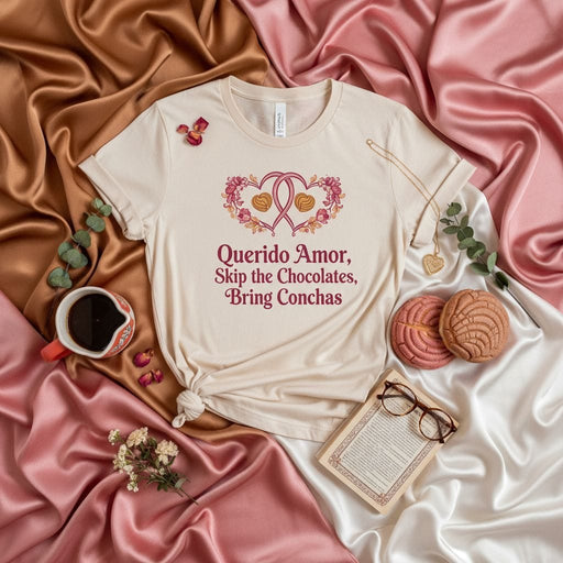 Querido Amor, Skip the Chocolates, Bring Conchas Shirt, Funny Hispanic Valentine's Day T-Shirt, Mexican Pan Dulce Lover Gift, Cute Graphic Tee for Her, Unisex Soft Cream Short Sleeve Top Mexicada