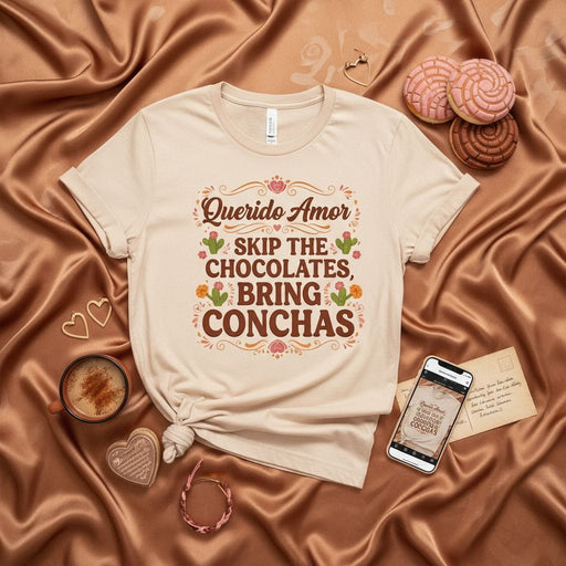 Querido Amor Skip The Chocolates Bring Conchas T-Shirt, Funny Valentine's Day Mexican Pan Dulce Tee, Hispanic Food Lover Gift, Concha Bread Shirt, Cute Graphic T-Shirt for Women and Men Mexicada