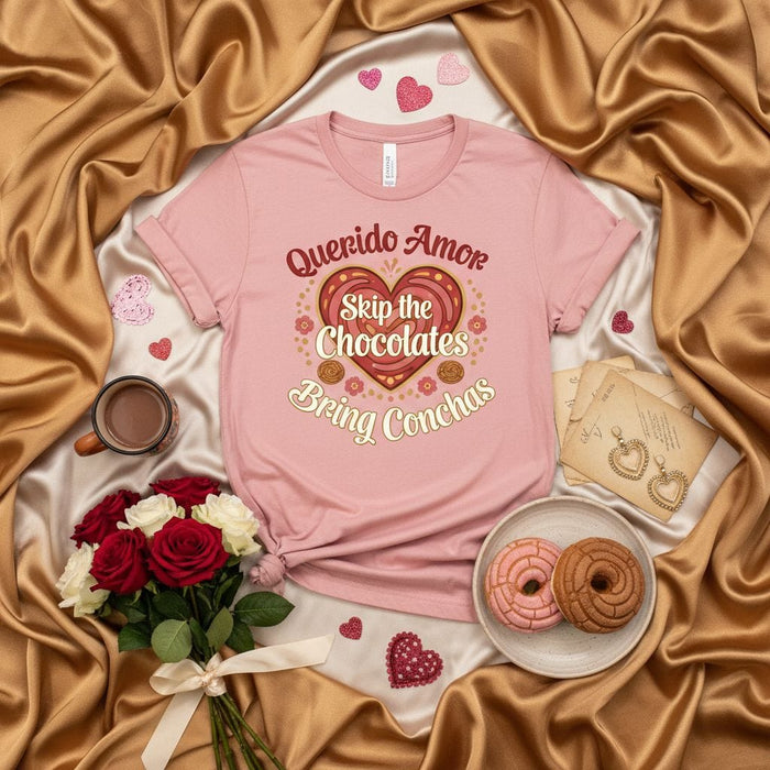 Querido Amor Skip the Chocolates Bring Conchas T-Shirt, Funny Valentine's Day Mexican Sweet Bread Shirt, Concha Lover Gift, Spanish English Phrase Tee, Pink Unisex Fiesta Apparel Mexicada