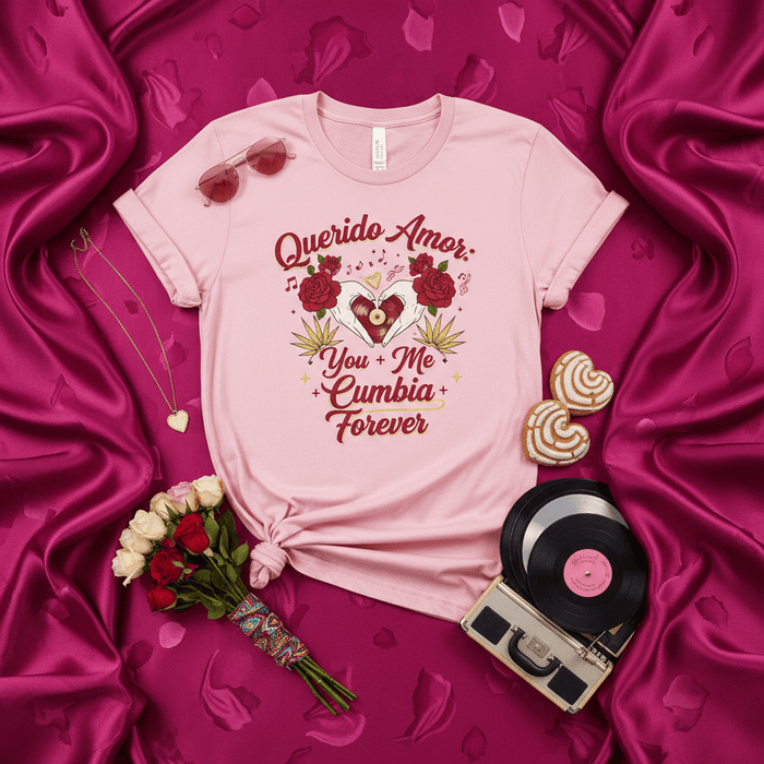 Querido Amor: You + Me + Cumbia Forever T-Shirt, Cumbia Music Lover Tee, Romantic Heart Roses Vinyl Record Design, Latin Music Valentine's Day Gift, Unisex Pink Shirt. Mexicada