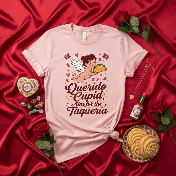 Querido Cupid, Aim for the Taqueria T-Shirt - Funny Mexican Food Valentine's Day Shirt - Taco Lover Gift Tee for Men and Women - Cute Angel Holding Taco Graphic Shirt Mexicada