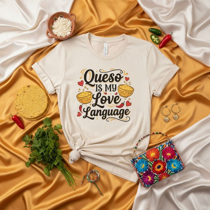 Queso is My Love Language T-Shirt, Funny Cheese Lover Tee, Mexican Food Graphic Shirt, Unisex Casual Fiesta Apparel, Spicy Chili Pepper Design Mexicada
