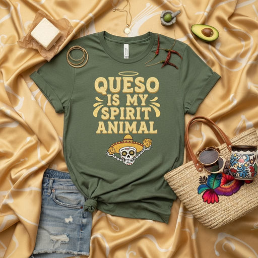 Queso is My Spirit Animal T-Shirt, Funny Cheese Lover Tee, Day of the Dead Sugar Skull, Cinco de Mayo Mexican Food Gift, Unisex Graphic Shirt, Humorous Foodie Apparel, Fiesta Party Top, Cute Skull with Sombrero and Beers Mexicada
