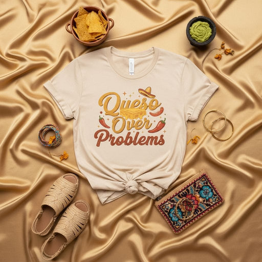 Queso Over Problems T-Shirt Funny Mexican Food Lover Tee Unisex Adult Shirt Guacamole Nachos Sombrero Chili Pepper Design Top Mexicada