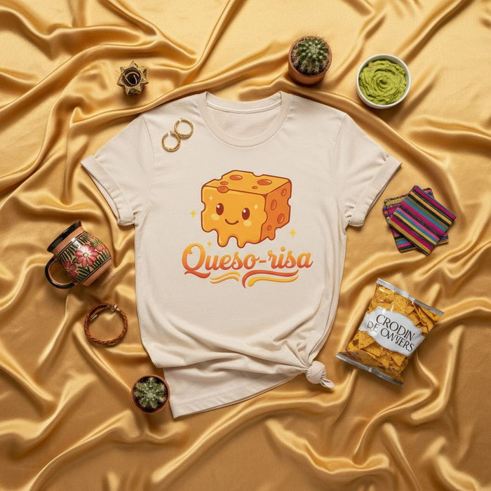 Queso-risa Kawaii Cheese T-Shirt Funny Spanish Pun Tee Cute Smiling Block of Cheese Graphic Unisex Shirt Gift for Foodies Cheese Lovers Mexicada
