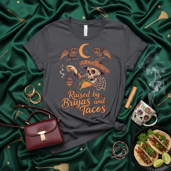 Raised by Brujas and Tacos T-Shirt, Spooky Halloween Skeleton Mariachi with Sombrero, Sugar Skull Mug, Day of the Dead Owl Design, Bruja Life Tee for Men and Women, Witchy Graphic Shirt Mexicada