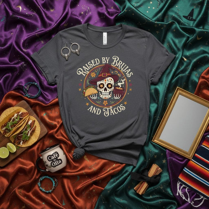 Raised by Brujas and Tacos T-Shirt, Sugar Skull Witch Hat Tee, Day of the Dead Dia de Muertos Gift, Halloween Spooky Latina Mom Shirt, Funny Witchy Taco Lover Graphic Unisex Shirt Mexicada