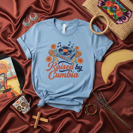 Raised by Cumbia T-Shirt, Latin Music Record Player Tee, Maracas Flowers Graphic Shirt, Unisex Cumbia Lover Gift Top, Retro Style DJ Apparel Mexicada