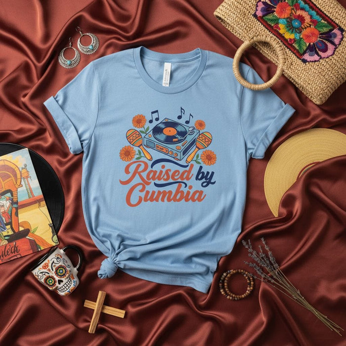 Raised by Cumbia T-Shirt, Latin Music Record Player Tee, Maracas Flowers Graphic Shirt, Unisex Cumbia Lover Gift Top, Retro Style DJ Apparel Mexicada