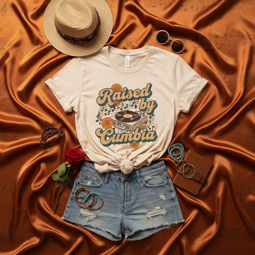 Raised by Cumbia T-Shirt, Retro Style Graphic Tee with Record Player, Vintage Music Lover Shirt, Latina Apparel, Cumbia Dancer Gift, Unisex Fit Mexicada