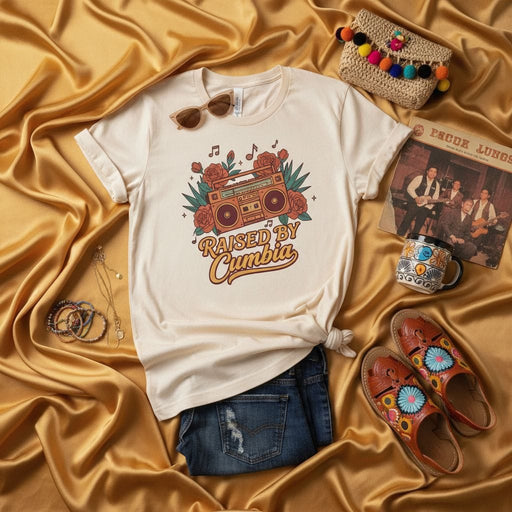 Raised By Cumbia T-Shirt, Vintage Boombox and Roses Tee, Latin Music Shirt, Retro Style Graphic, Unisex Cumbia Lover Gift, Beige Short Sleeve Top Mexicada