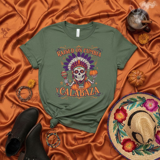 Raised on Cumbia y Calabaza T-Shirt, Halloween Dia de los Muertos Sugar Skull Tee, Calavera with Maraca & Pumpkin, Fall Holiday Shirt, Unisex Fit Mexicada