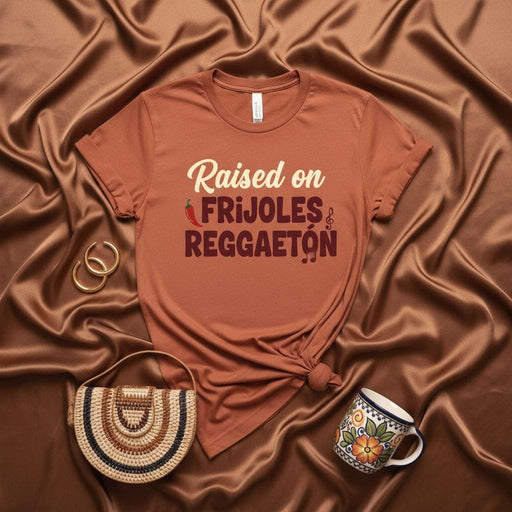 Raised on Frijoles Reggaetón Shirt, Latina T-Shirt, Latino Tee, Hispanic Heritage Month Gift, Funny Foodie Music Lover Graphic Tee, Latinx Culture Apparel, Unisex Fall Color T-shirt Mexicada