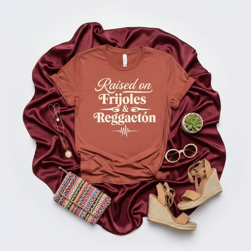 Raised on Frijoles & Reggaetón T-Shirt, Latinx Pride Shirt, Hispanic Heritage Month Tee, Funny Foodie Top, Spanish Vibe Gift, Unisex Graphic Shirt for Women & Men Mexicada