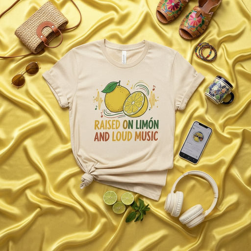 Raised on Limón and Loud Music T-Shirt, Limón and Music Shirt, Limón Fruit Tee, Lemon Graphic Shirt, Latina Heritage Gift, Unisex Summer Fruit Top Mexicada