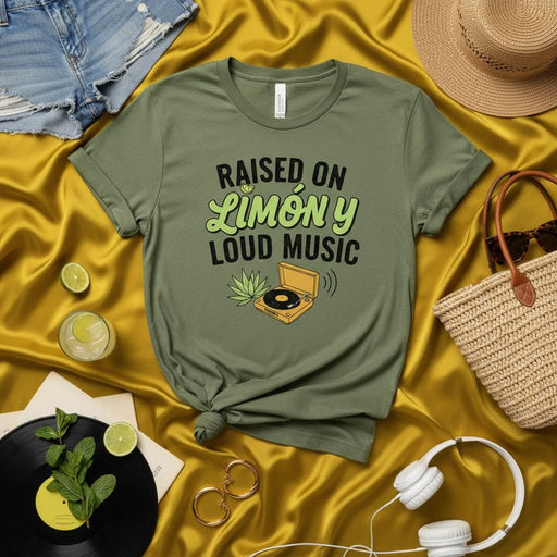 Raised on Limón y Loud Music T-Shirt, Unisex Graphic Tee, Vintage Record Player and Lime Design, Summer Vacation Outfit, Music Lover Gift, Party Shirt, Spanish English Phrase Mexicada