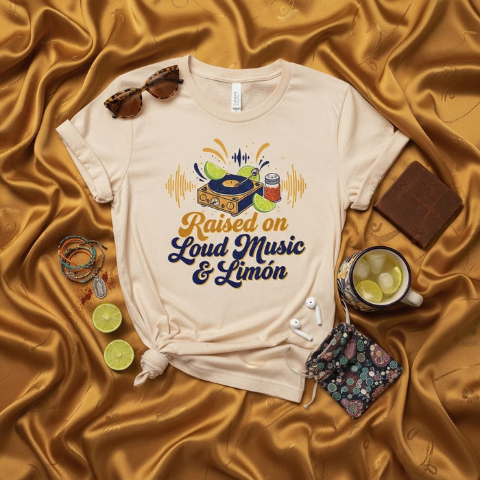 Raised on Loud Music & Limón T-Shirt, Latinx Culture Tee, Turntable Lime and Chili Design, Música y Limón Shirt, Unisex Graphic T-Shirt Gift Mexicada