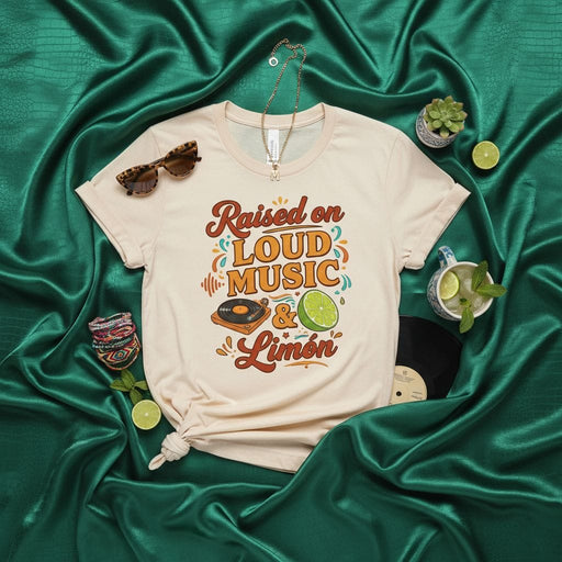 Raised on Loud Music & Limón T-Shirt, Retro Vinyl Record & Lime Graphic Tee, Unisex Music Lover Shirt, Vintage Style Summer Drink Apparel Mexicada