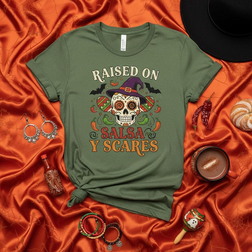 Raised on Salsa Y Scares Halloween T-Shirt, Sugar Skull with Witch Hat Tee, Day of the Dead Shirt, Spooky Funny Mexican Food Gift, Unisex Graphic Apparel. Mexicada