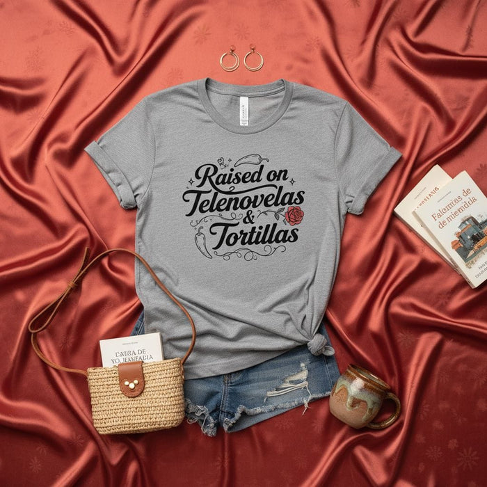Raised on Telenovelas & Tortillas Shirt, Funny Latina T-Shirt, Mexican Heritage Tee, Cultural Gift for Women, Spanish Soap Opera Fan Top, Chili Pepper Rose Graphic, Cute Distressed Denim Outfit Style Mexicada
