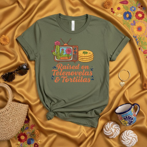 Raised on Telenovelas & Tortillas Unisex T-Shirt, Mexican Culture Tee, Nostalgic Latino Shirt, Vintage TV Cactus Graphic, Softstyle Latinx Gift for Him Her Mexicada