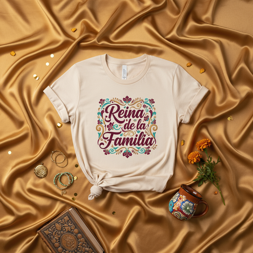 Reina de la Familia T-Shirt, Spanish Queen of the Family Shirt, Floral Latina Shirt, Hispanic Heritage Gift, Día de Muertos Inspired Tee, Women's Relaxed Fit Unisex Cotton Blend Graphic Top Mexicada