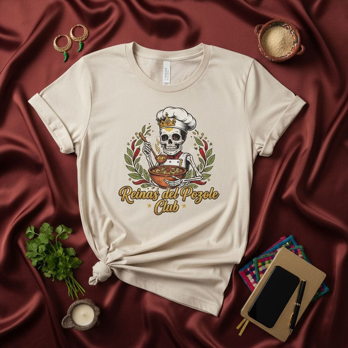 Reinas del Pozole Club Calavera Chef T-Shirt: Día de Muertos Skeleton Cooking, Mexican Food Lover Gift, Unisex Graphic Tee, Latín Heritage Apparel Mexicada