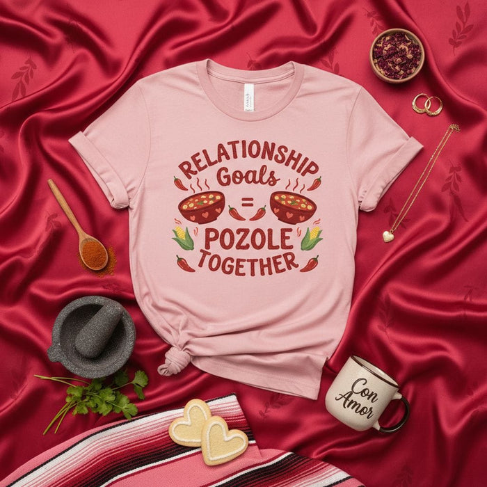 Relationship Goals = Pozole Together, Funny Mexican Food Couple Shirt, Chili Pepper & Corn Graphic Tee, Dia de los Muertos, Pink Unisex T-Shirt Gift Idea Mexicada