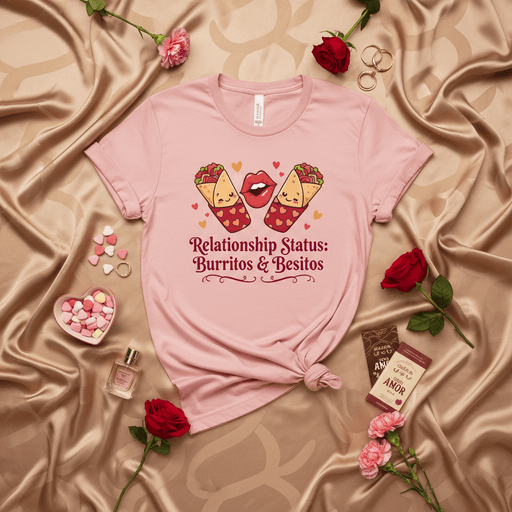 Relationship Status: Burritos & Besitos Funny Valentine's Day T-Shirt, Cute Couple Food Lover Tee, Pink Unisex Anniversary Gift Shirt, Besitos Means Kisses in Spanish Mexicada