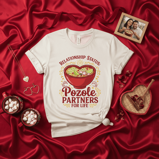 Relationship Status: Pozole Partners for Life T-Shirt, Funny Couple Foodie Shirt, Mexican Dish Tee, Valentine's Day Gift, Anniversary Present for Pozolero, Cute Heart Bowl Design, Unisex Shirt. Mexicada