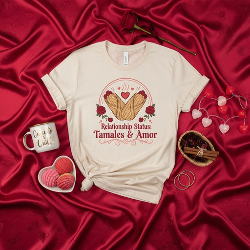 Relationship Status: Tamales & Amor T-Shirt, Funny Valentine's Day Shirt, Cozy Hispanic Food Lover Gift, Concha Mug Shirt, Unisex Tee with Roses and Heart Design, Cute Romantic Mexican Food Graphic Top Mexicada