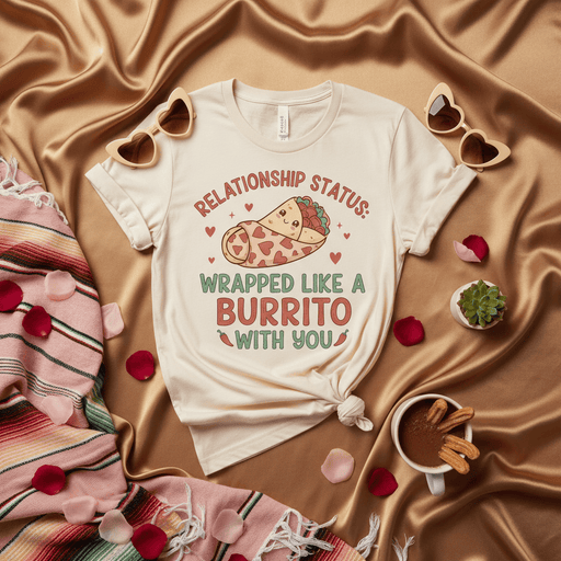Relationship Status Wrapped Like A Burrito With You T-Shirt, Funny Burrito Lovers Tee, Cute Couples Valentine's Day Shirt, Foodie Pun Unisex Graphic T-Shirt Gift Mexicada