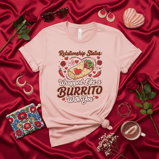 Relationship Status: Wrapped Like a Burrito With You T-Shirt, Funny Valentine's Day Burrito Lover Tee, Romantic Food Pun Couples Shirt, Cute Engagement Anniversary Gift for Him Her, Pink Unisex Graphic T-Shirt Mexicada