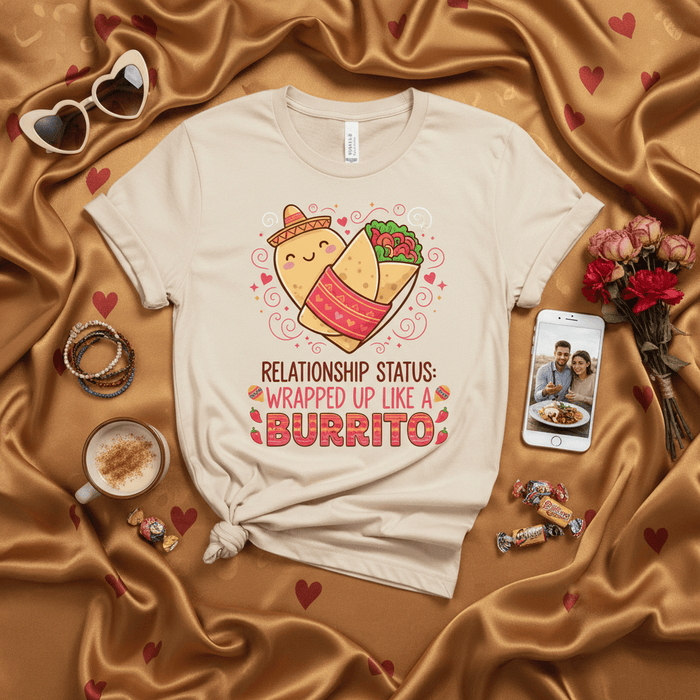Relationship Status: Wrapped Up Like a Burrito T-Shirt, Cute Valentine's Day Couple Tee, Funny Food Lover Shirt, Anniversary Gift for Him Her, Cinco de Mayo Graphic Novelty Unisex Top Mexicada