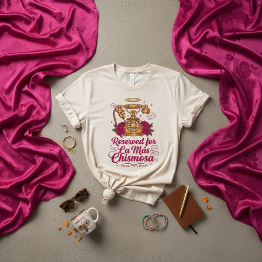 Reserved for La Más Chismosa T-Shirt, Vintage Telephone & Roses Graphic Tee, Funny Spanish Gossip Shirt, Latina Gift, Unisex Aesthetic Cream T-Shirt Mexicada