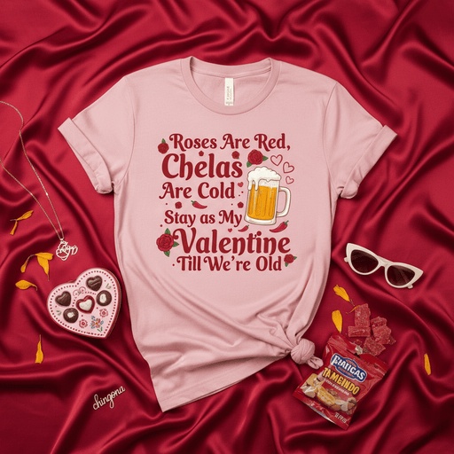 Roses Are Red Chelas Are Cold Stay as My Valentine Till We're Old T-Shirt, Funny Valentine's Day Shirt, Spanish English Spanglish Beer Lover Tee, Romantic Chela Shirt Gift for Novios or Amigos Mexicada