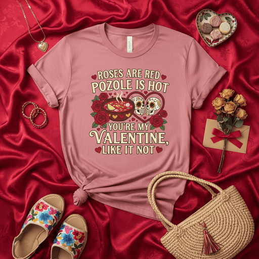 Roses Are Red Pozole Is Hot You're My Valentine Like It Not Shirt, Funny Pozole Valentine's Day T-Shirt, Mexican Food Lover Gift, Sugar Skull Hearts Tee, Romantic Humor Love Pun T-Shirt, Pozolazo Date Night Top Mexicada